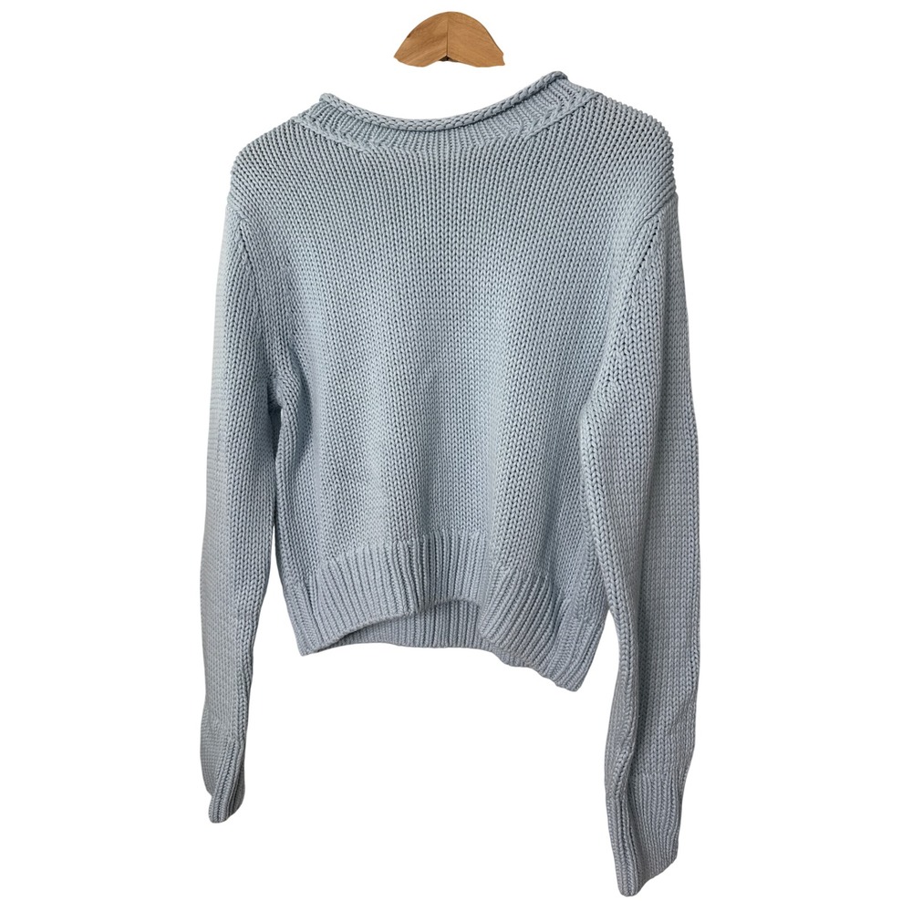 La Ligne Solid Mini Marina Sweater Light Blue Chunky Cotton Knit Crew Neck Back